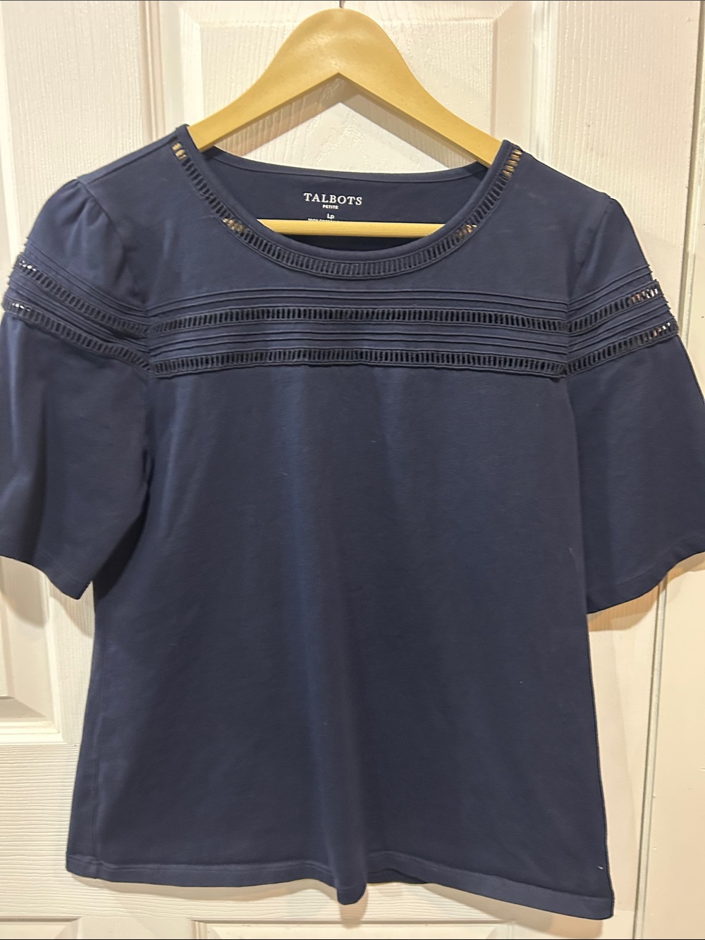 Talbots Navy Short Sleeve Top with Ladder Trim.  Size L p